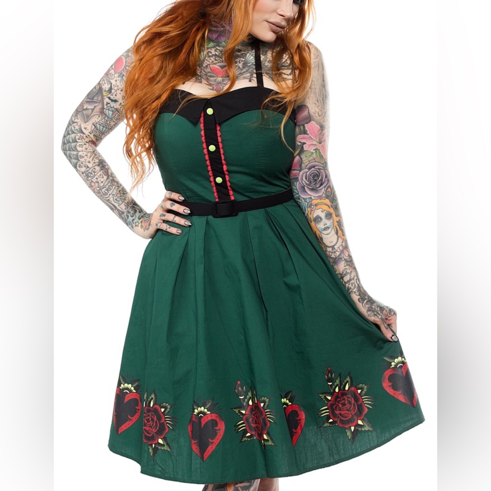 Sourpuss Forest Green Heart & Rose Rockabilly Fit-and-Flare Dress